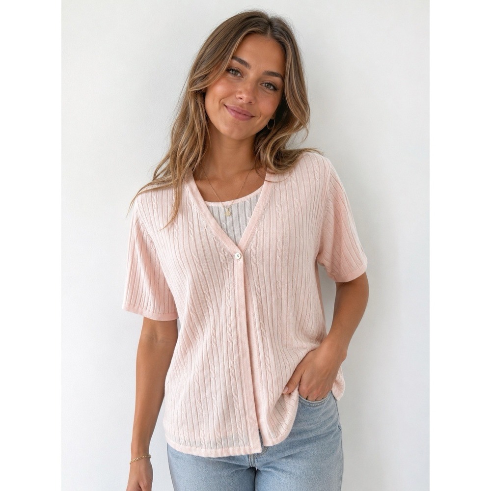 Croft & Barrow Womens Cardigan Sweater Sz XL Pink Faux Double Layer Short Sleeve